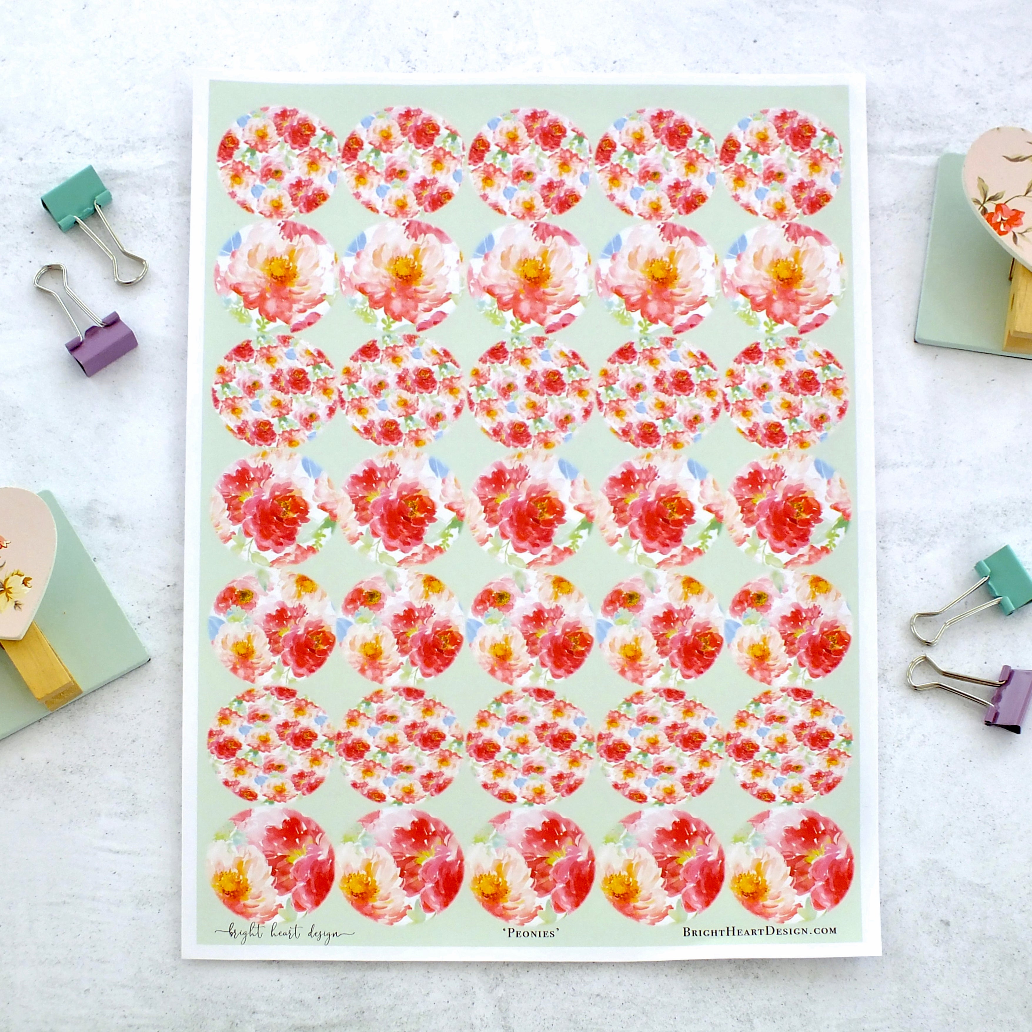 Floral Decorative Stickers - Peonies Design - Round