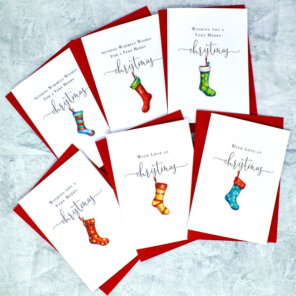Pack of 6 Christmas Cards & Envelopes - Xmas Stockings