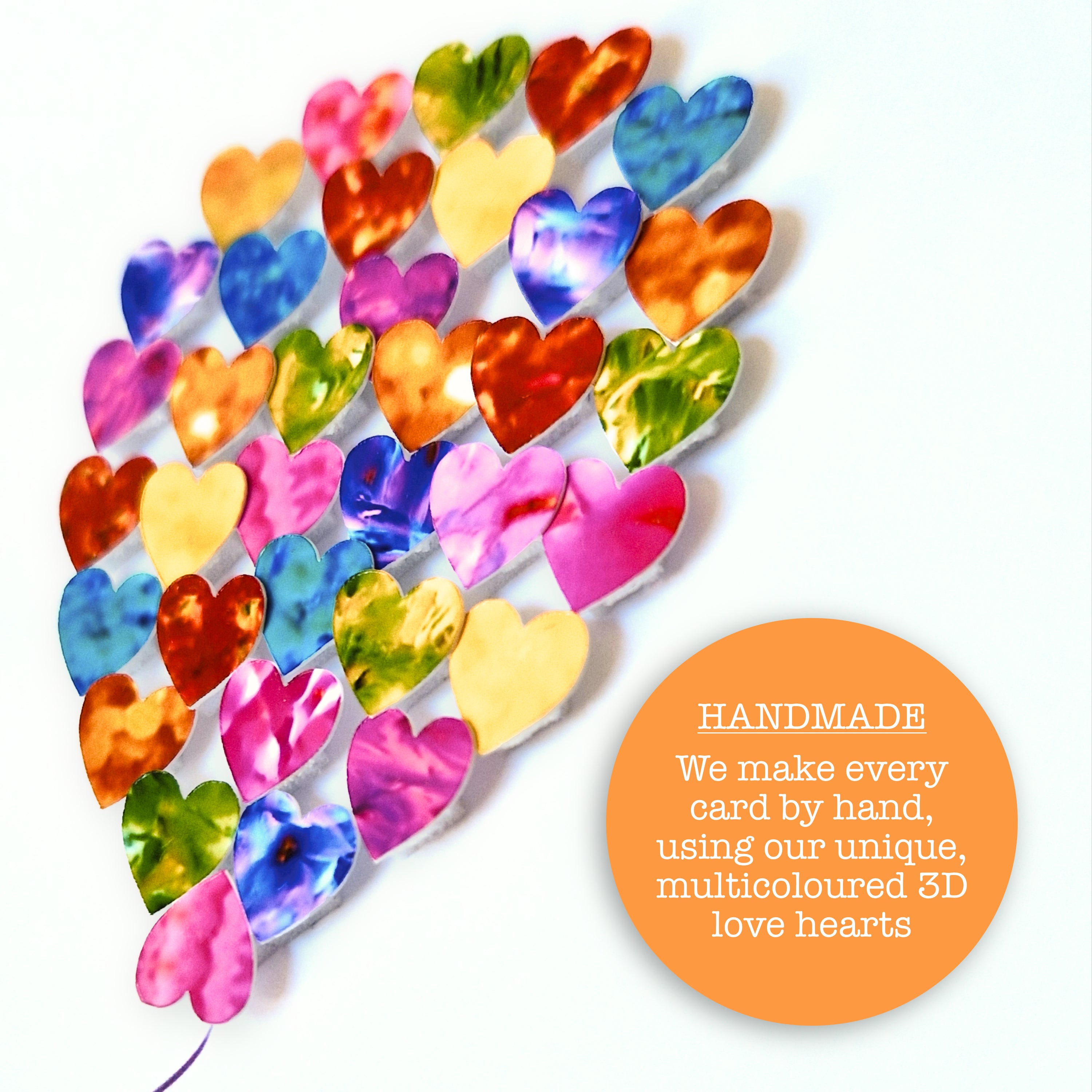 Colorful 3D love hearts arranged in a balloon shape with a promotional text overlay.