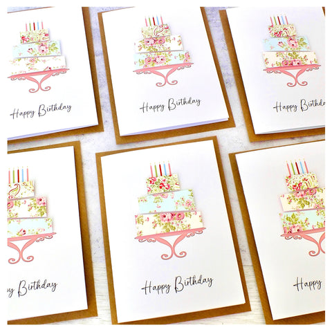 Pack of 6 Handmade Birthday Cards - Floral Birthday Cake