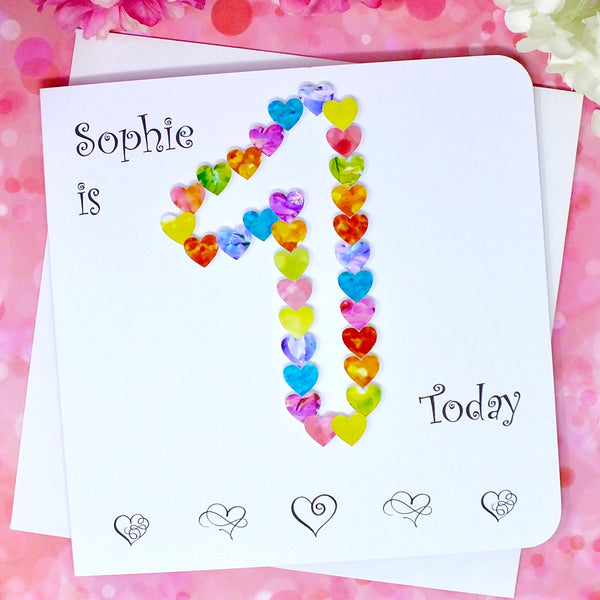 1st Birthday Card - Hearts, Personalised Front