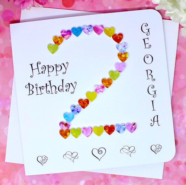 2nd Birthday Card - Hearts, Personalised Front