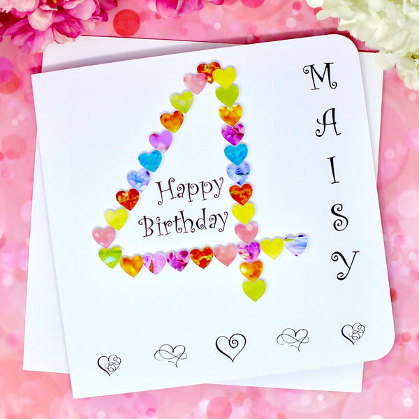 4th Birthday Card - Hearts, Personalised Front