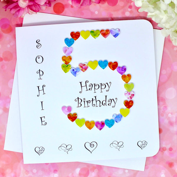 5th Birthday Card - Hearts, Personalised Front