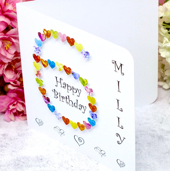 6th Birthday Card - Hearts, Personalised Side