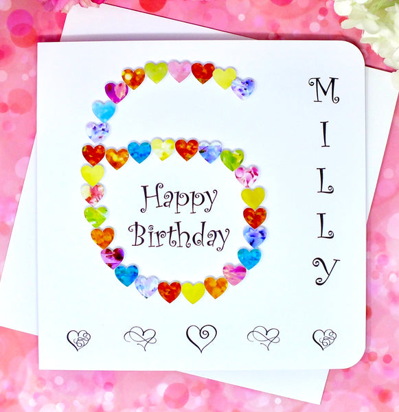 6th Birthday Card - Hearts, Personalised Front