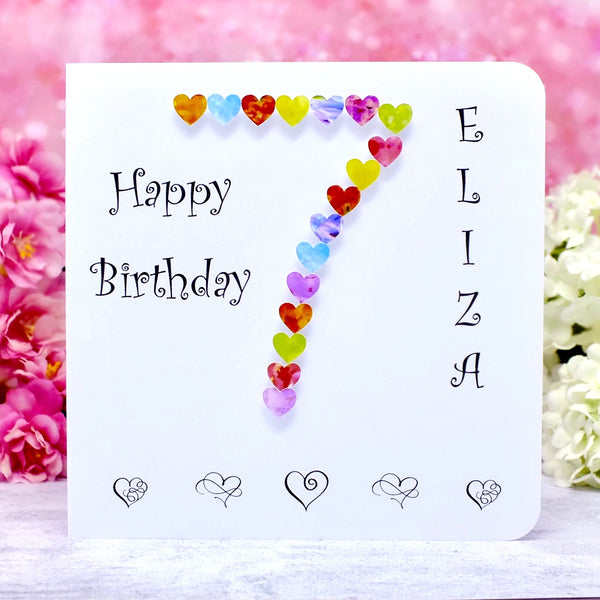 7th Birthday Card - Hearts, Personalised Main