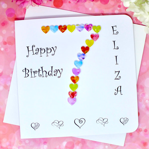 7th Birthday Card - Hearts, Personalised Front