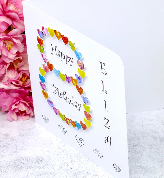 8th Birthday Card - Hearts, Personalised Side