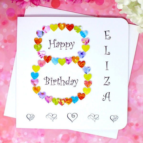 8th Birthday Card - Hearts, Personalised Front