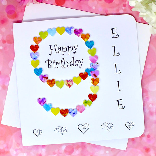 9th Birthday Card - Hearts, Personalised Front