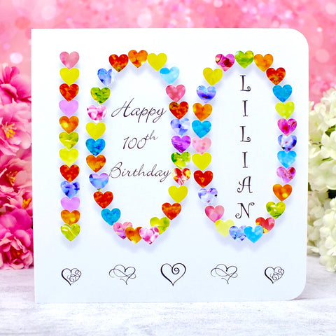 Personalised 100th Birthday Card - Vibrant Hearts Design | New Size Options Available | Bright Heart Design