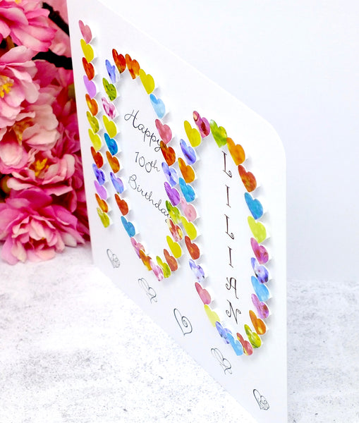 100th Birthday Card - Hearts, Personalised Side