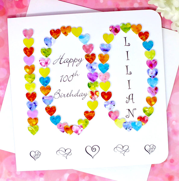100th Birthday Card - Hearts, Personalised Front