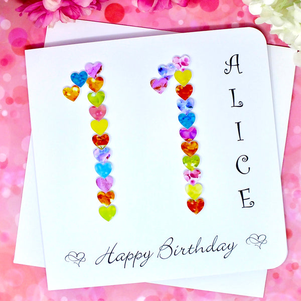 Personalised 11th Birthday Card - Colourful Hearts Design | New Size Options Available | Bright Heart Design