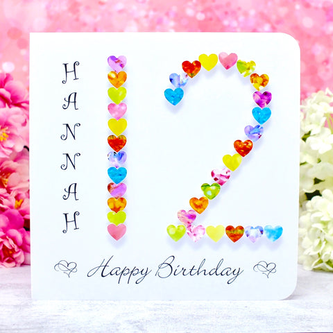 Personalised 12th Birthday Card - Colourful Hearts Design | New Size Options Available | Bright Heart Design