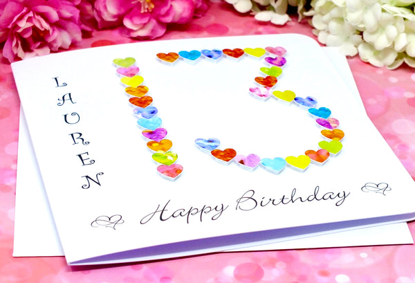 13th Birthday Card - Hearts, Personalised Alternate View