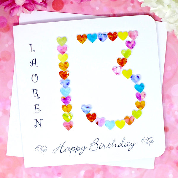 13th Birthday Card - Hearts, Personalised Front