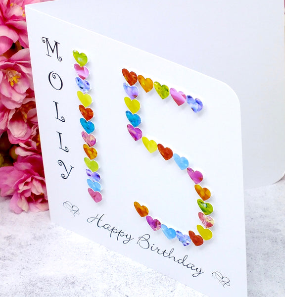 Personalized 15th Birthday Card with Vibrant Hearts - Handmade and Unique | Bright Heart Design