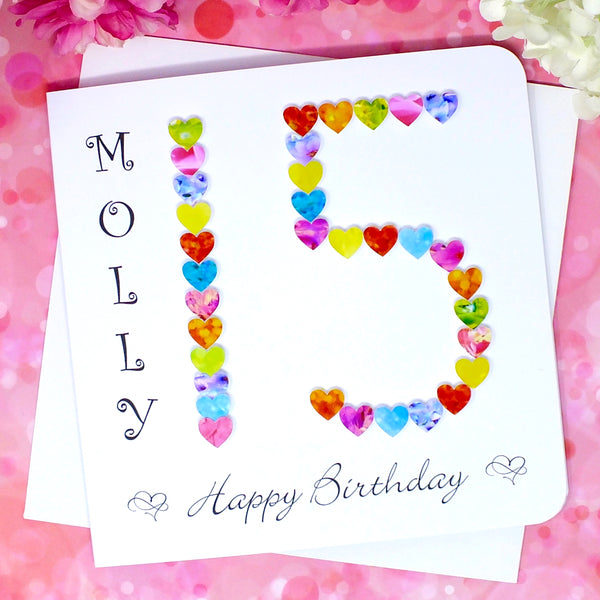 15th Birthday Card - Hearts, Personalised Front