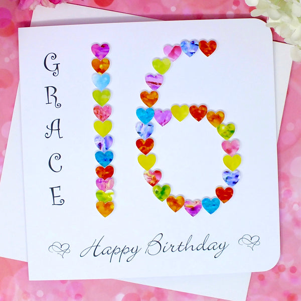 16th Birthday Card - Hearts, Personalised Front