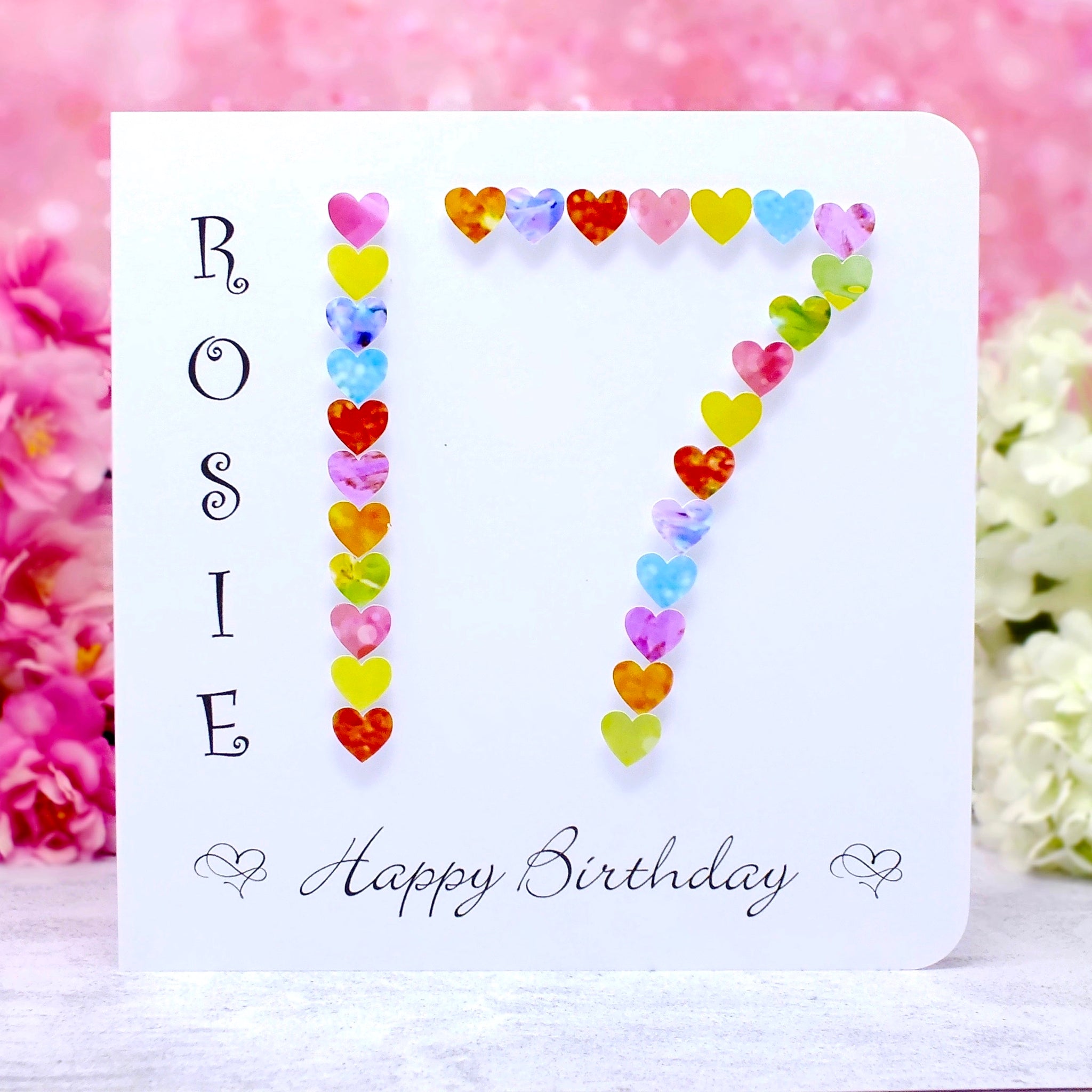 Personalized 17th Birthday Card with Vibrant Hearts - Handmade and Unique | Bright Heart Design