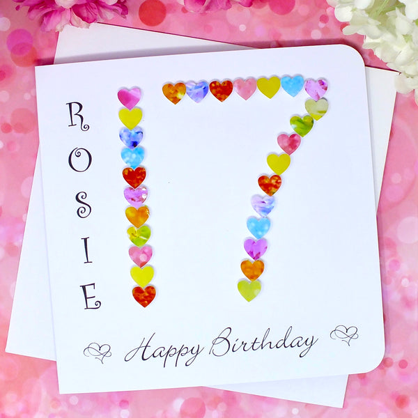 17th Birthday Card - Hearts, Personalised Front