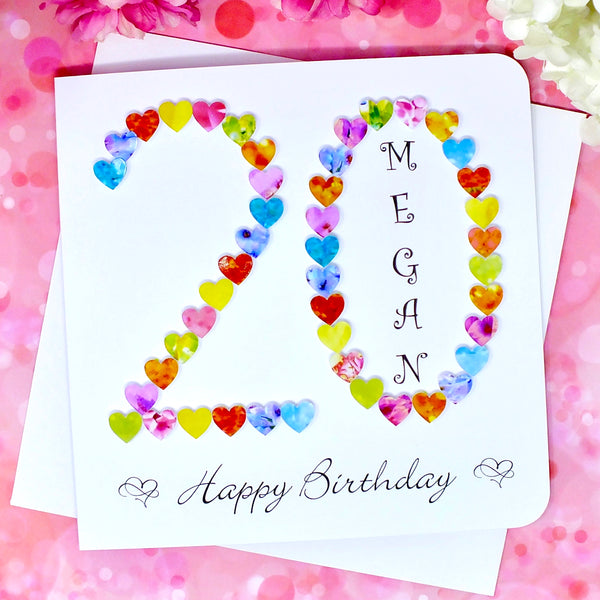 20th Birthday Card - Hearts, Personalised Front
