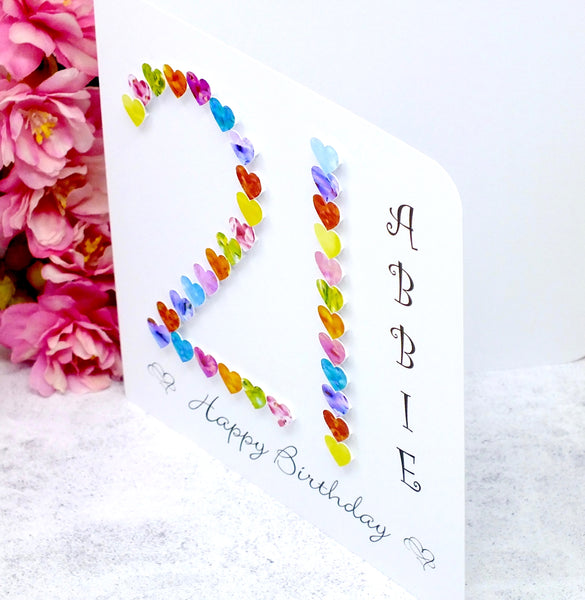 21st Birthday Card - Hearts, Personalised Side