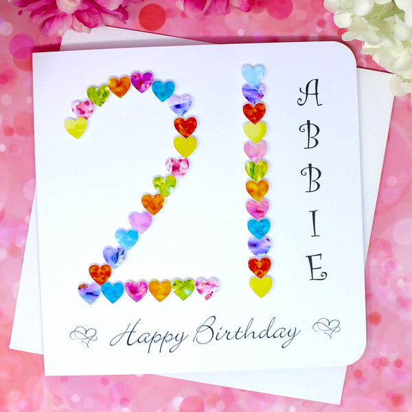 21st Birthday Card - Hearts, Personalised Front
