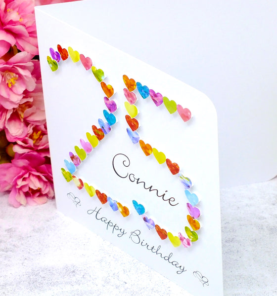 25th Birthday Card -Hearts, Personalised Side