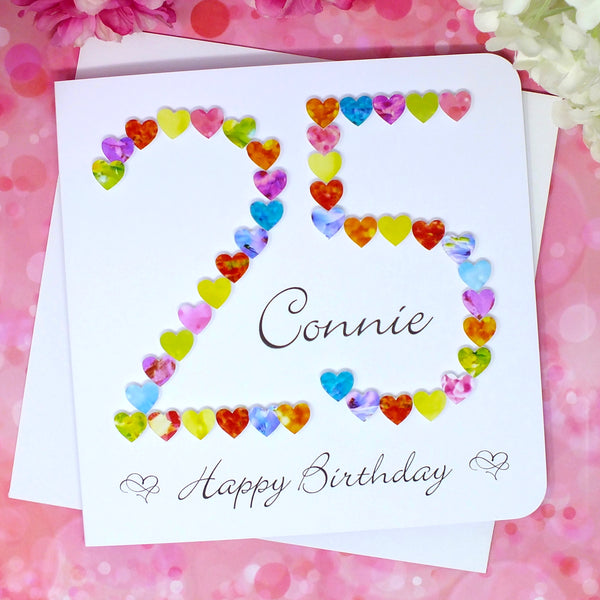 25th Birthday Card -Hearts, Personalised Front