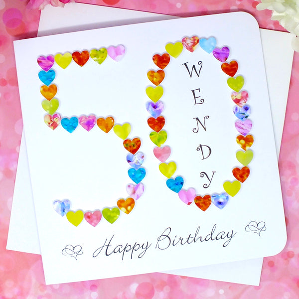 50th Birthday Card - Hearts, Personalised Front