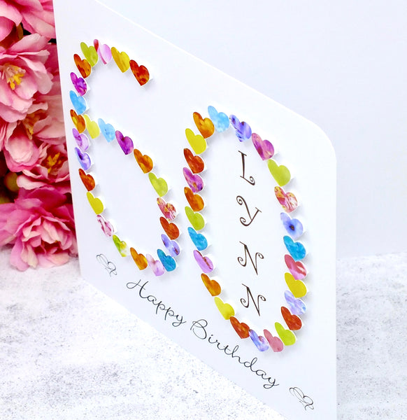 60th Birthday Card - Hearts, Personalised Side