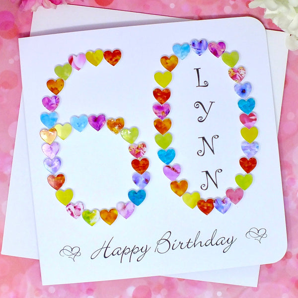 60th Birthday Card - Hearts, Personalised Front