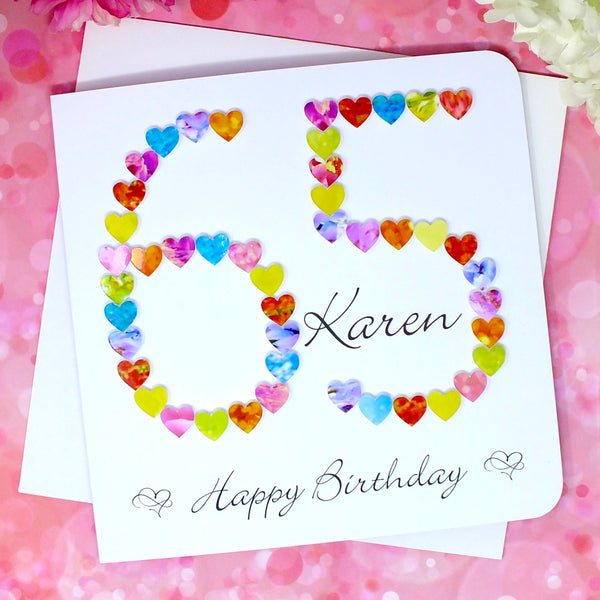 65th Birthday Card - Hearts, Personalised Front