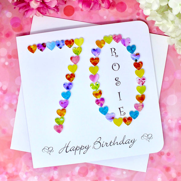 70th Birthday Card - Hearts, Personalised Front