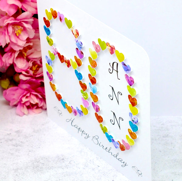 80th Birthday Card - Hearts, Personalised Side