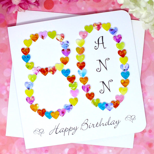 80th Birthday Card - Hearts, Personalised Front