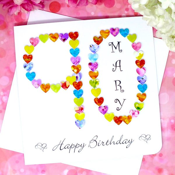 90th Birthday Card - Hearts, Personalised Front