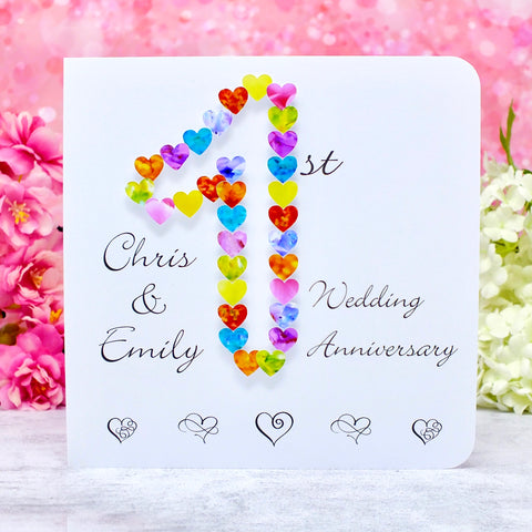 1st Wedding Anniversary Card - Hearts, Personalised Main