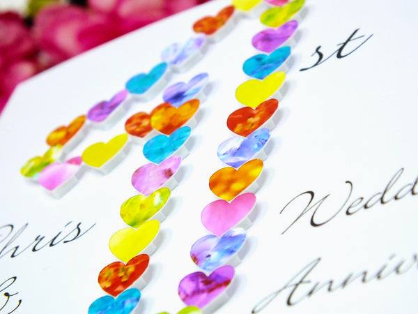 1st Wedding Anniversary Card - Hearts, Personalised Close Up