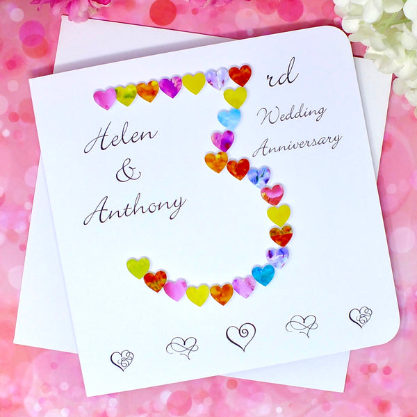 3rd Wedding Anniversary Card - Hearts, Personalised front