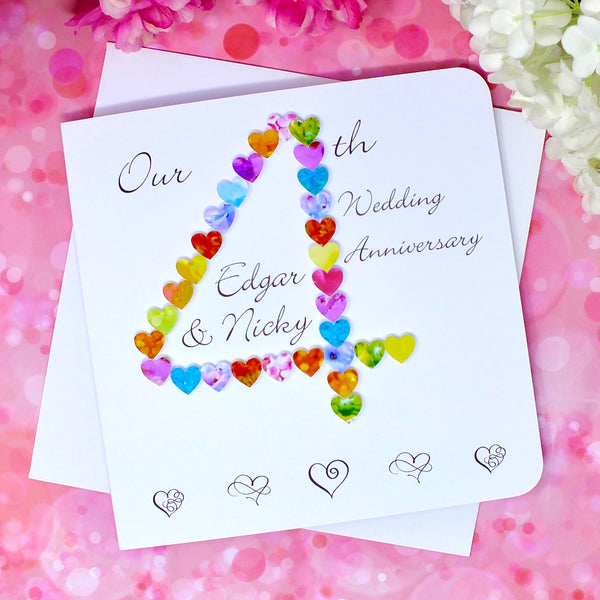 4th Wedding Anniversary Card - Hearts, Personalised front