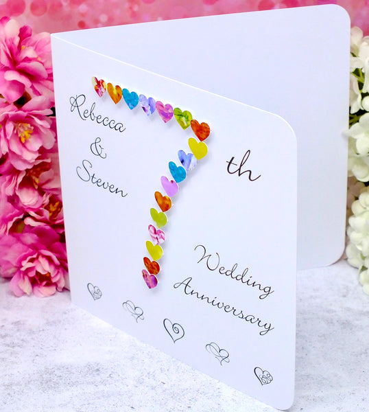7th Wedding Anniversary Card - Hearts, Personalised side