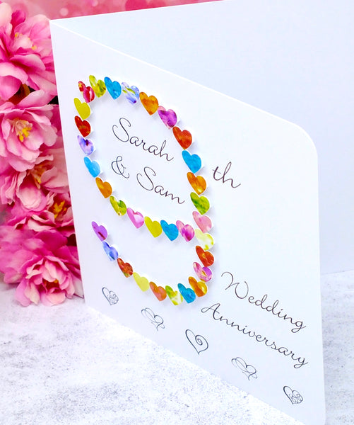 9th Wedding Anniversary Card - Hearts, Personalised side
