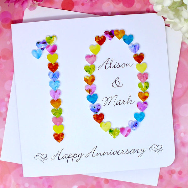 10th Wedding Anniversary Card - Hearts, Personalised front