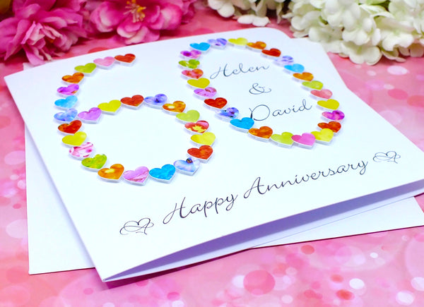 Diamond 60th Wedding Anniversary Card - Hearts, Personalised alternate view