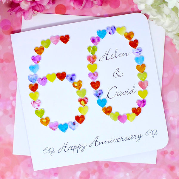 Diamond 60th Wedding Anniversary Card - Hearts, Personalised front