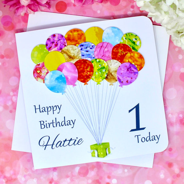 1st Birthday Card - Balloons, Personalised Front